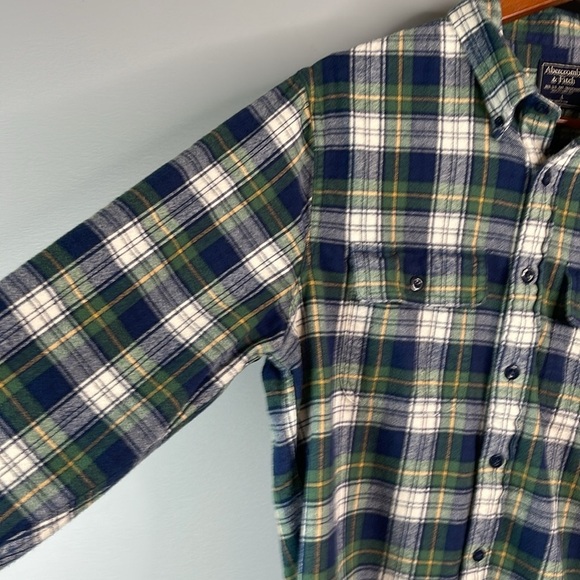 Abercrombie & Fitch Mens Plaid Flannel Button Down Shirt Blue Green Tartan L - Picture 6 of 15